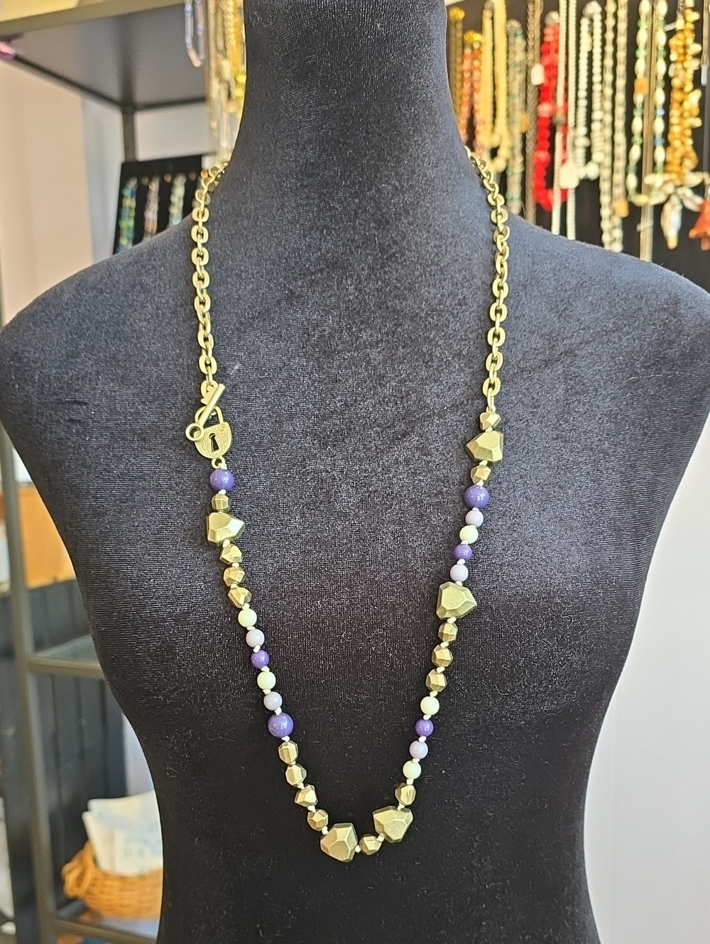 VTG Long Necklace with Purple and White Beads